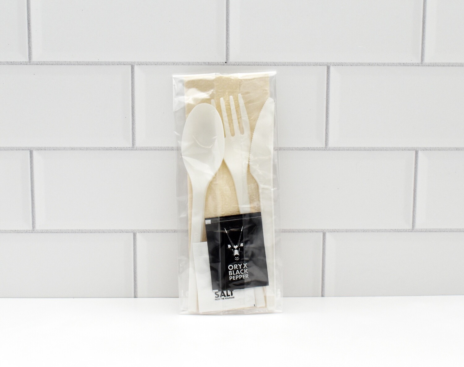 Wrapped Cutlery Set: Compostable K/F/S + W/tpick + S&amp;P + B/Nap (10)