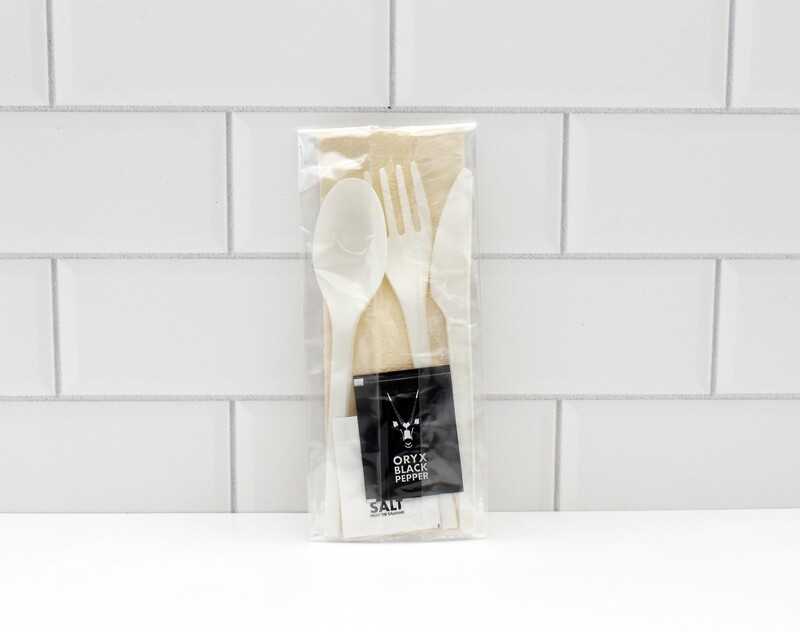 Wrapped Cutlery Set: Compostable K/F/S + W/tpick + S&amp;P + B/Nap (10)