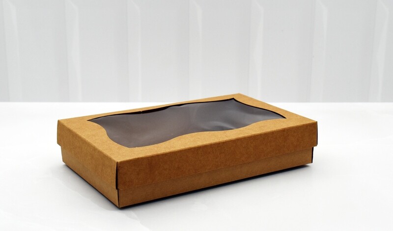 Box Base &amp; Lid + Window 200 x 130 x 40mm Kraft (ea)
