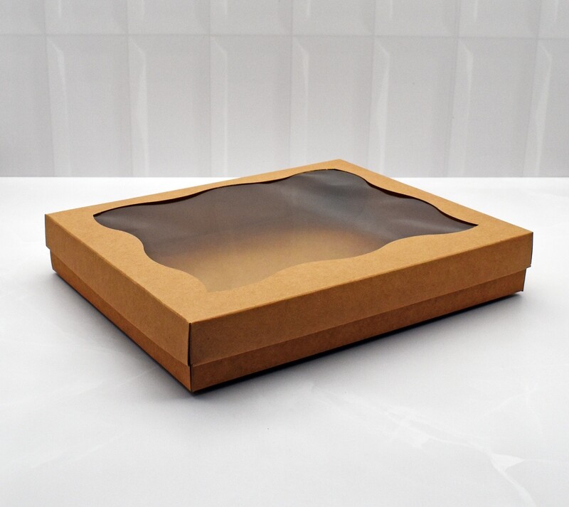 Box Base &amp; Lid + Window 254 x203 x 40mm Kraft (ea)