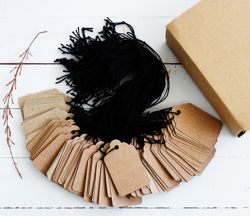Paper Tags Brown Kraft 48 x 32mm Black String (Qty 100)
