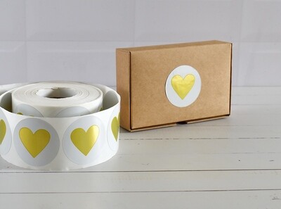 Stickers "Heart" 50mm Round - Gold on White  (Qty 100)