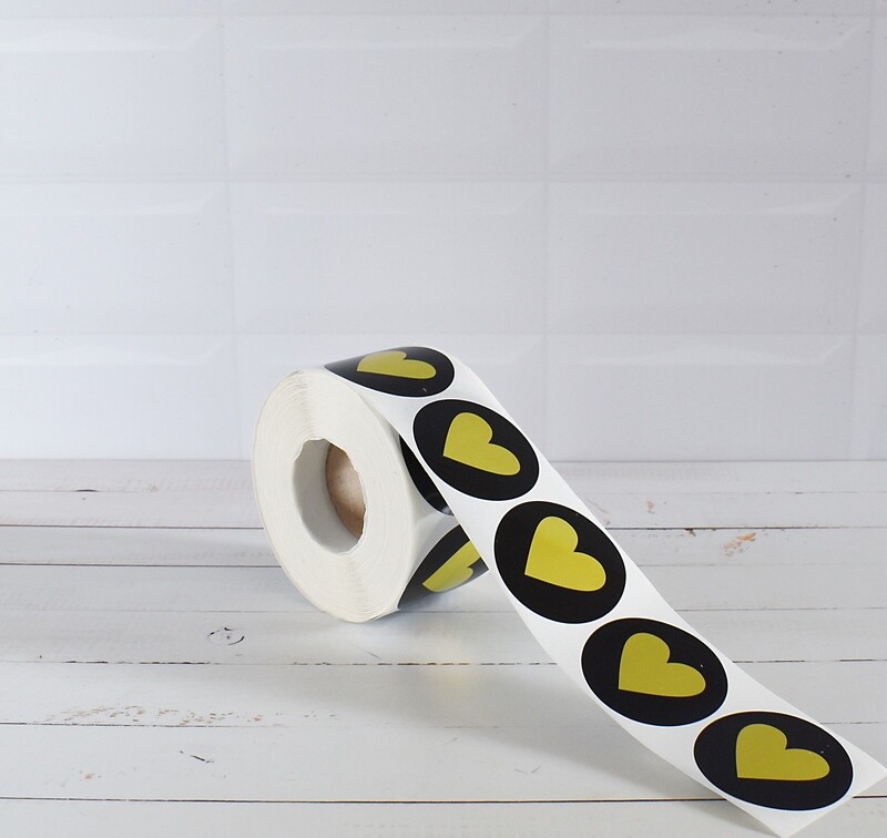 Stickers &quot;Heart&quot; 50mm Round - Gold on Black  (Qty 100)