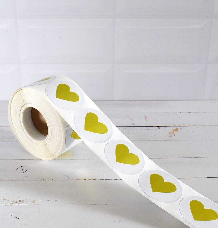 Stickers &quot;Heart&quot; 50mm Round - Gold on White  (Qty 100)