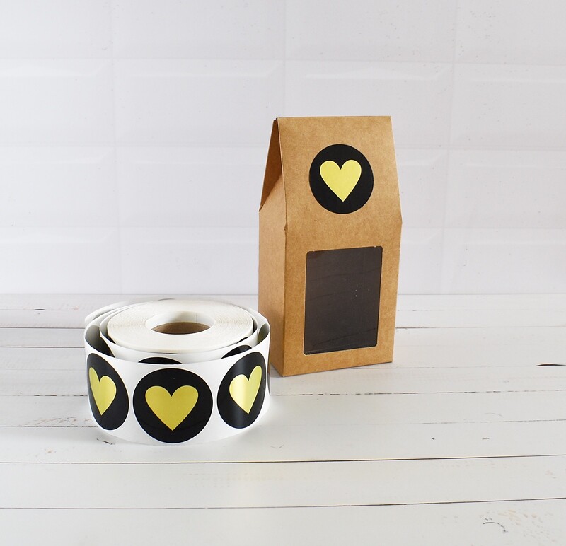 Stickers "Heart" 50mm Round - Gold on Black  (Qty 100)