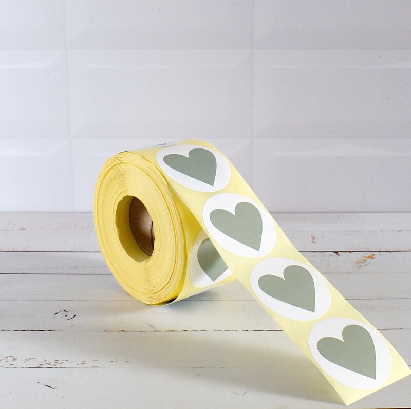 Stickers &quot;Heart&quot; 50mm Round - Sage on White (Qty 100)