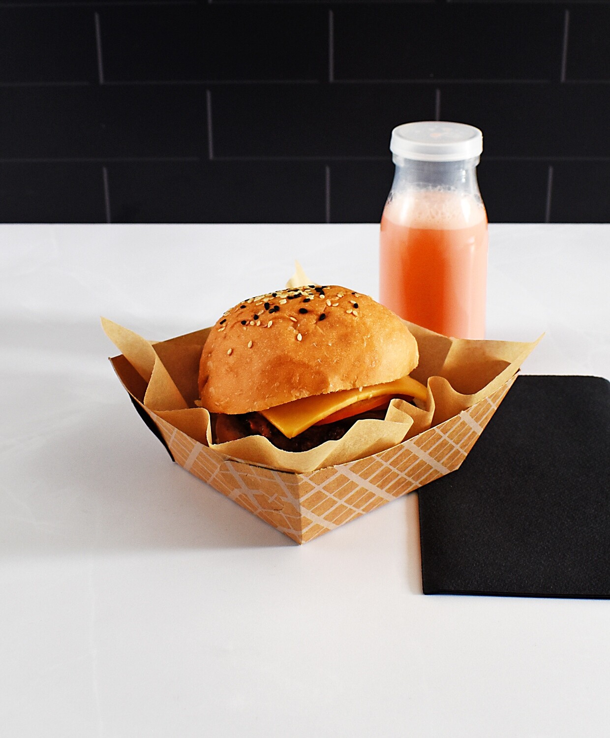 Box Food Tray Burger Eco Kraft White Check (ea)
