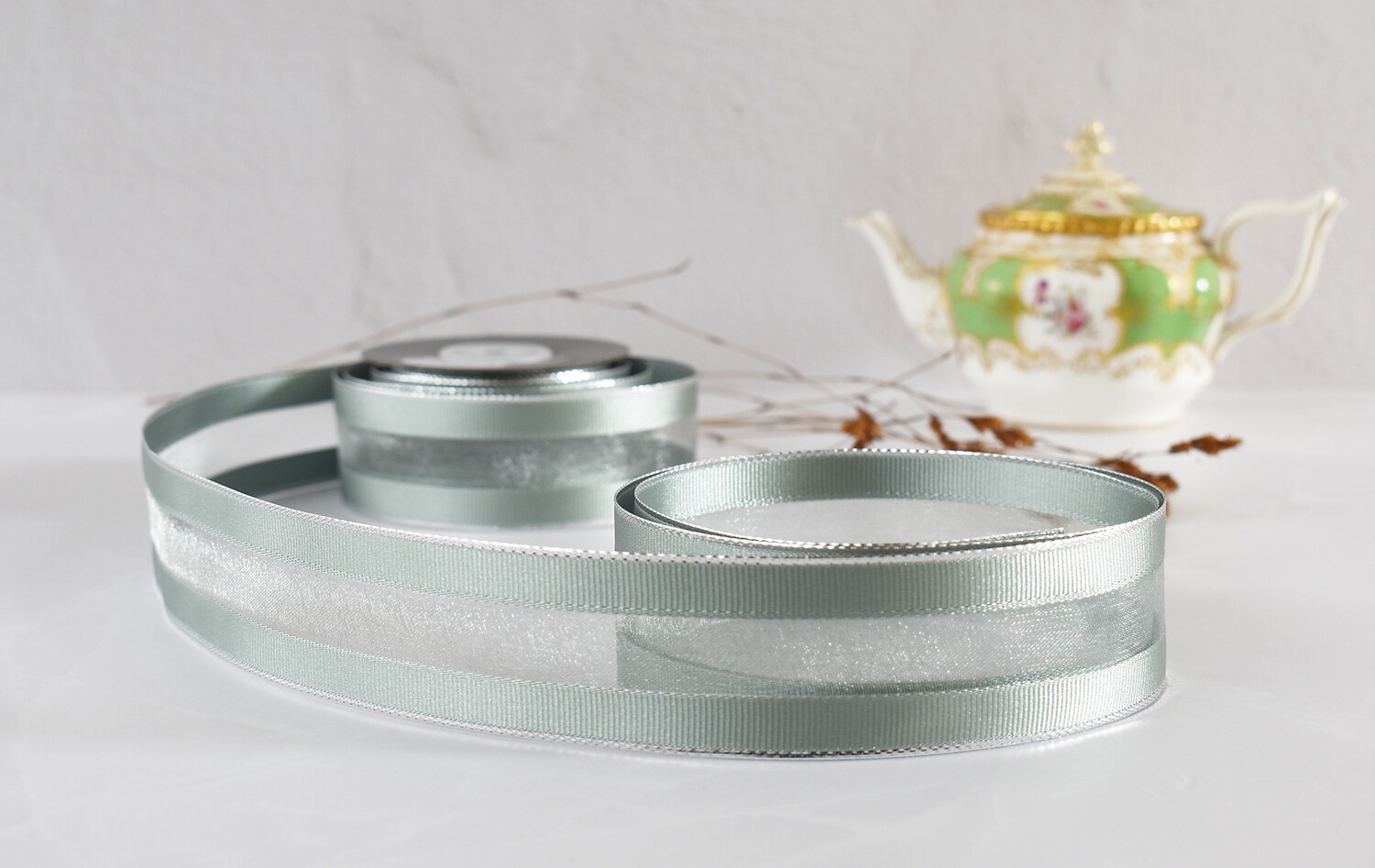 Organza Ribbon Wired G/Grain Edge Sage &amp; Silver 40 mm x 10 m