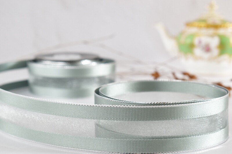 Organza Ribbon Wired G/Grain Edge Sage &amp; Silver 40 mm x 10 m