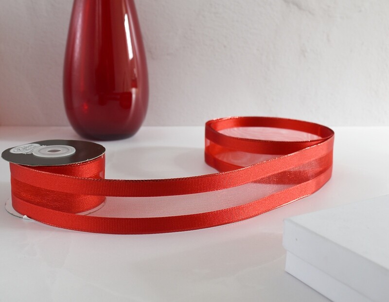 Organza Ribbon Wired G/Grain Edge Red &amp; Metallic Red 40 mm x 10 m