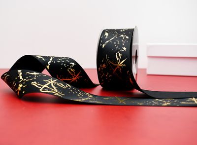 Luxury Satin Ribbon Foiled Marble Black &amp; Gold 40mm x 10m