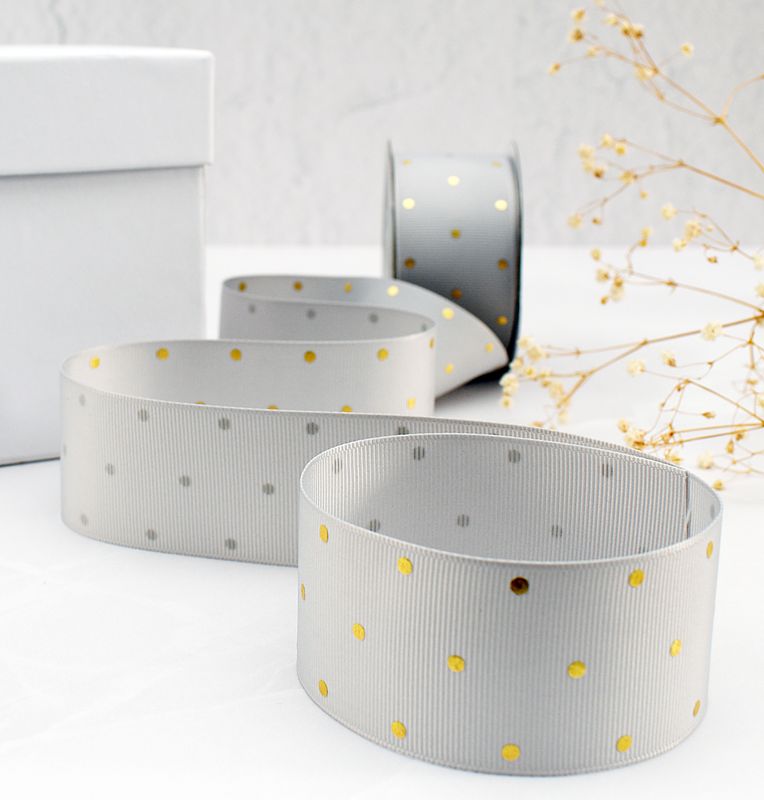 Petersham Foil Dot 40mm x 10m - Grey &amp; Gold