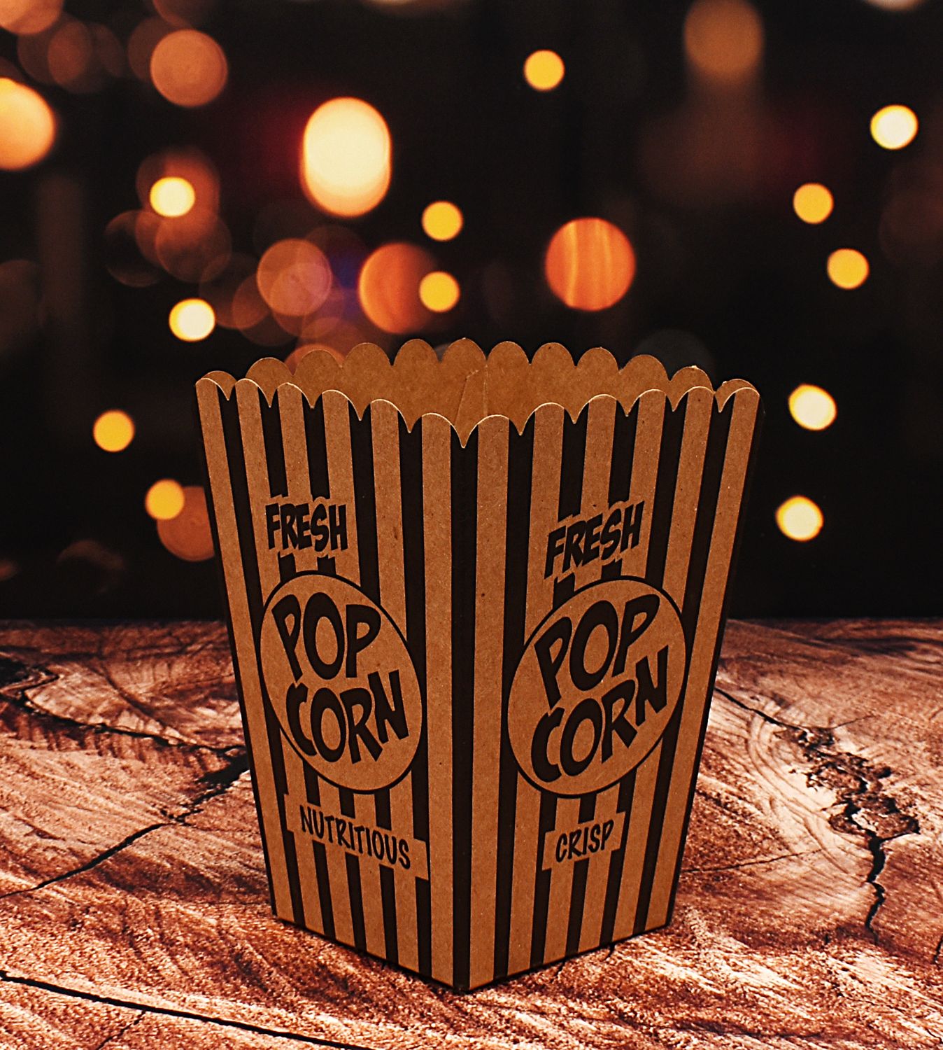 Box Popcorn Small WORDS Kraft/Black Stripe 105x105x155mm