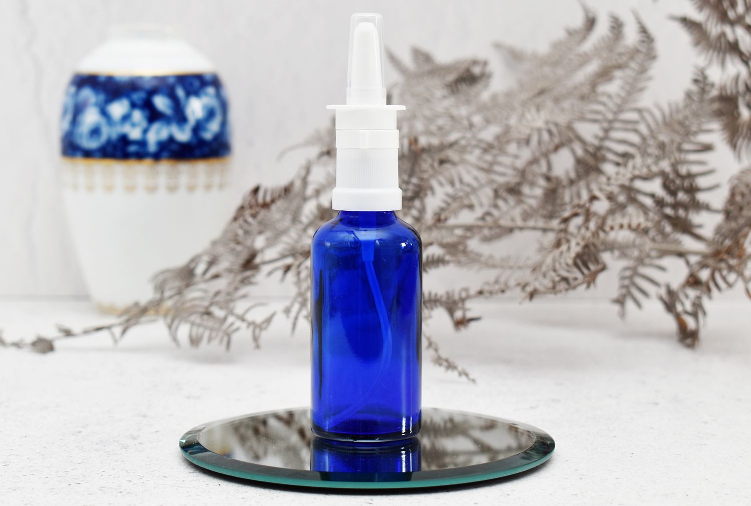 Blue Glass Dropper Bottle 50ml + Nasal Spray HD White