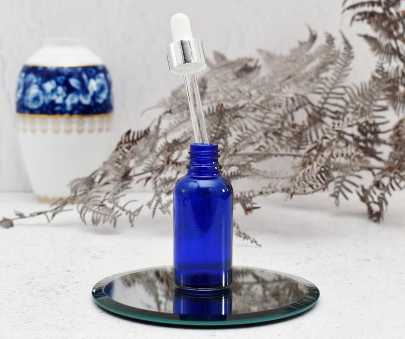 Blue Glass Bottle Dropper 30ml - Pipette 18x84mm Silv/White