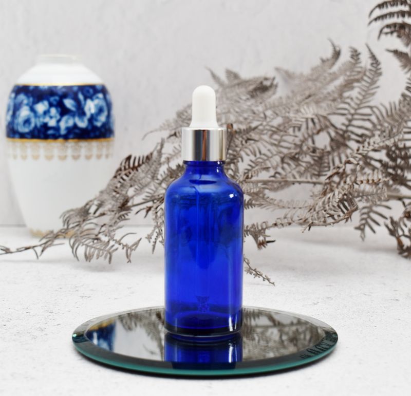 Blue Glass Bottle Dropper 50ml - Pipette 18x89mm Silv/White