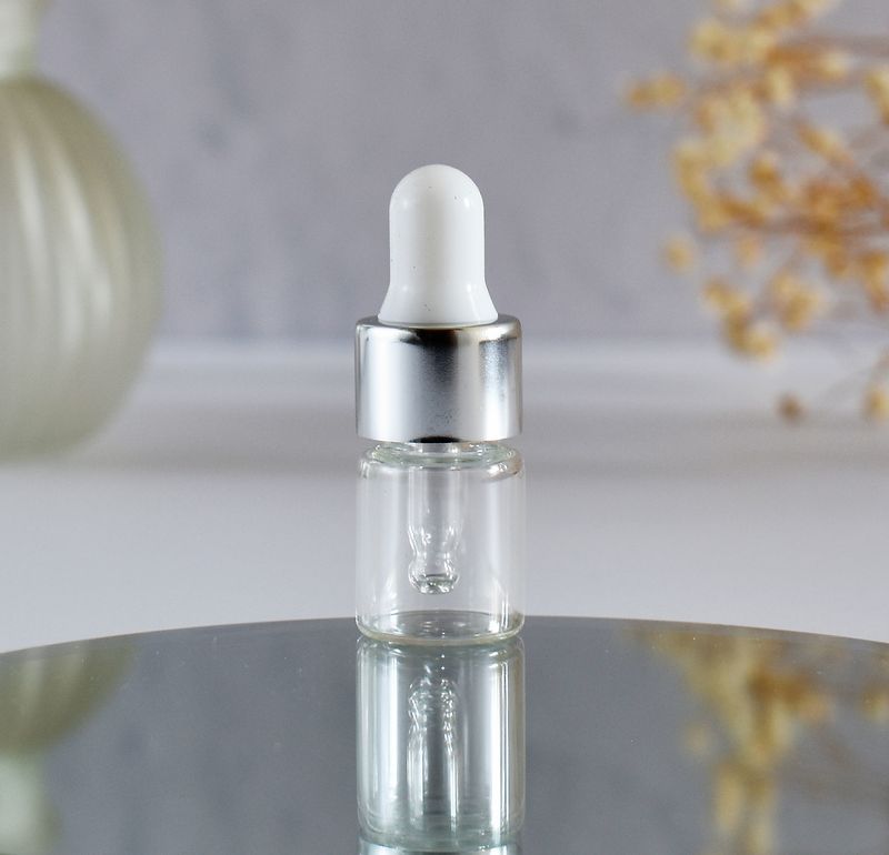 Clear Glass Bottle Dropper 2ml - Pipette Silver/White Set