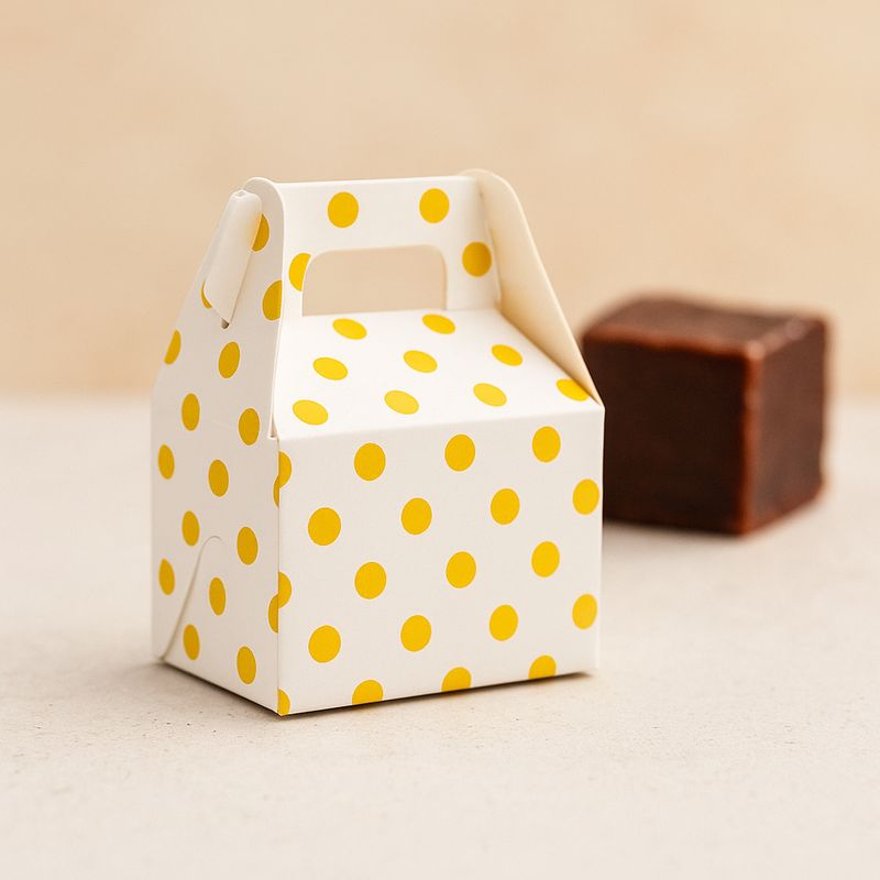 Mini Party Box 70 x 50 x 50 mm Yellow Dot on White (ea)