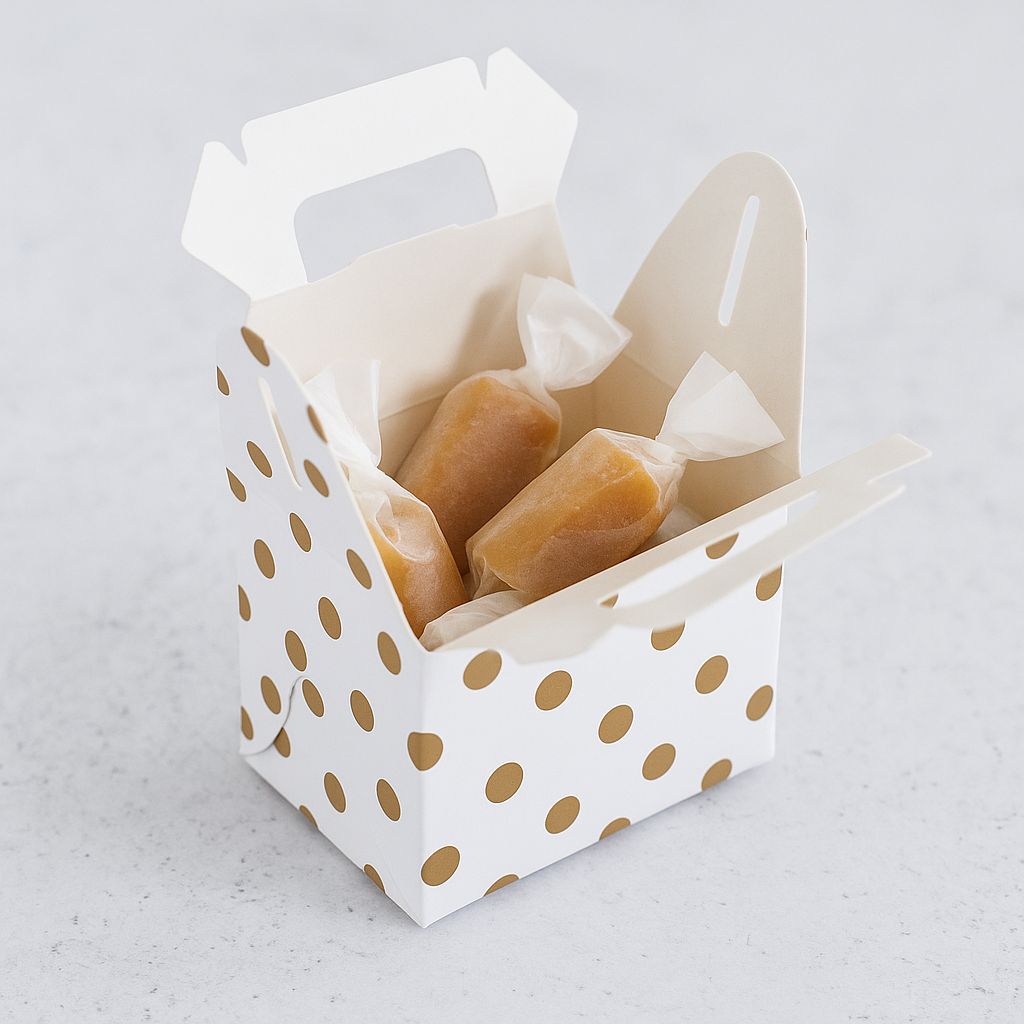 Mini Party Box 70 x 50 x 50 mm Gold Dot on White (ea)
