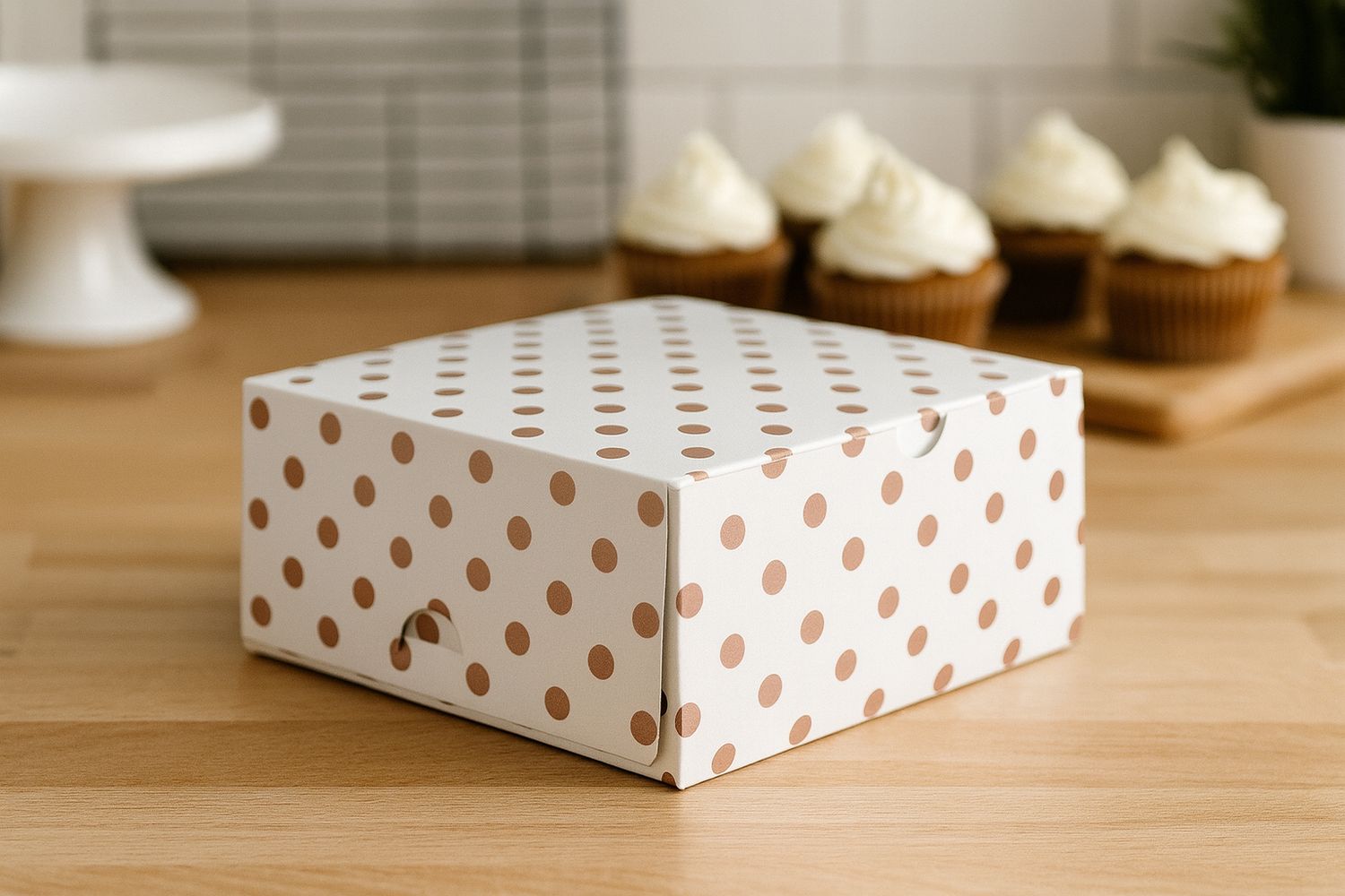 Cake Box Rose gold Dots on White 6x6x3 (ea)