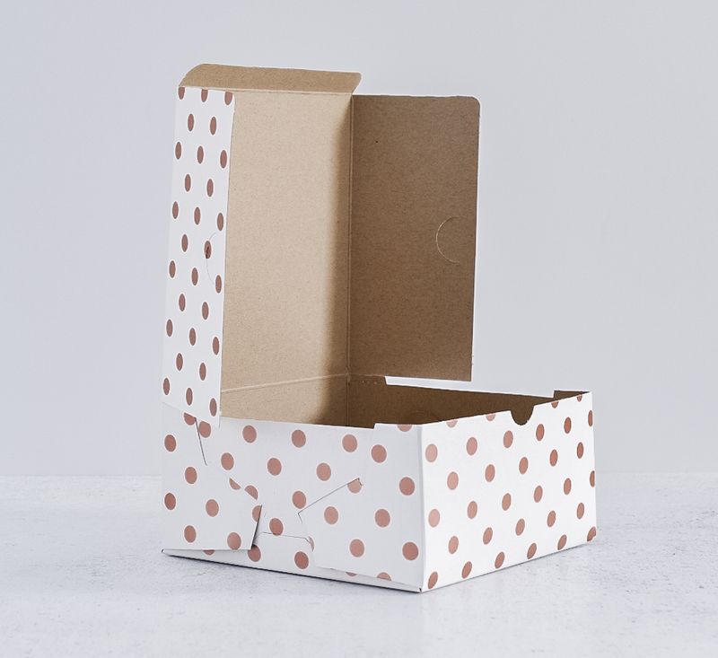 Cake Box Rose gold Dots on White 6x6x3 (ea)