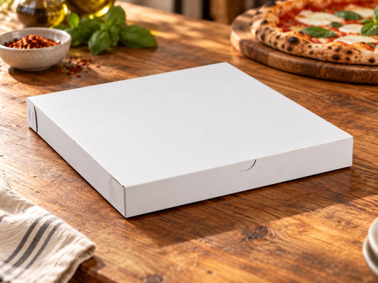Large soft white cardboard pizza box on a rustic wooden table next to a freshly baked pizza and fresh basil leaves.