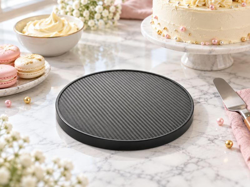 8-inch black textured vinyl cake board on a marble kitchen table.