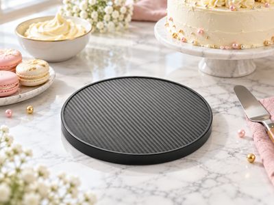 8-inch black textured vinyl cake board on a marble kitchen table.