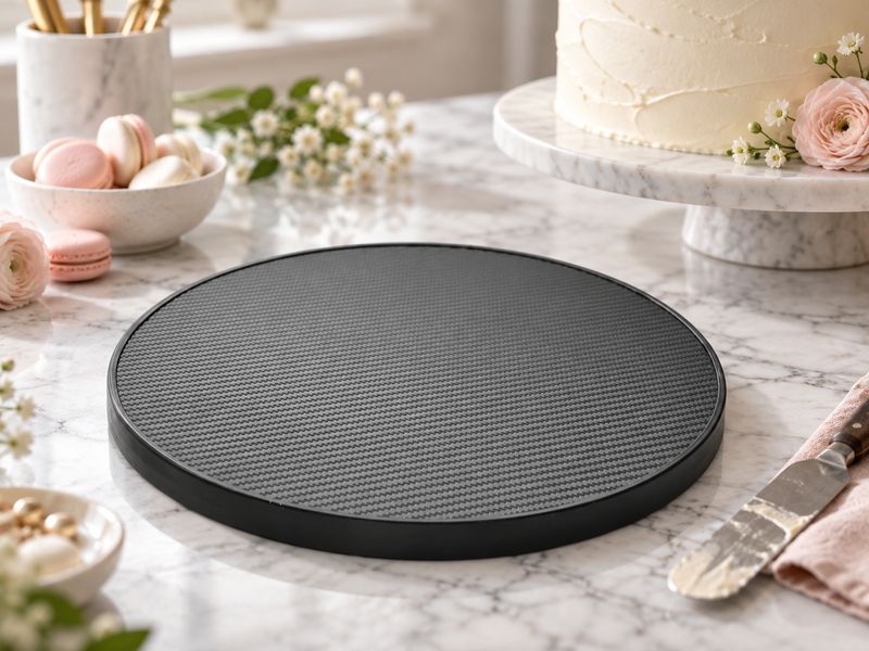 11" black bespoke vinyl cake board with matte finish and subtle textured pattern for secure cake placement.