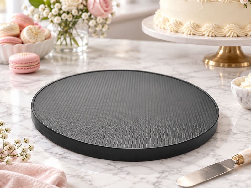 12" black bespoke vinyl cake board with matte finish and subtle textured pattern for secure cake placement.