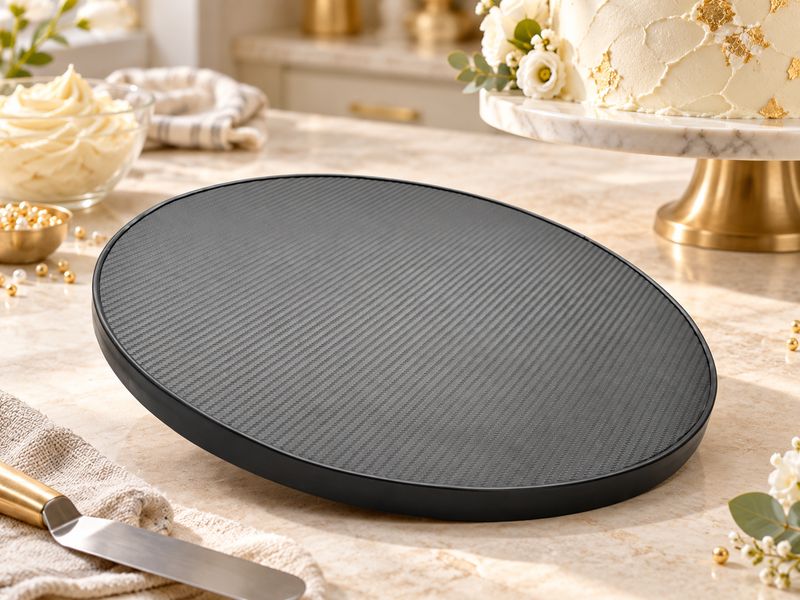 15" black bespoke vinyl cake board with matte finish and subtle textured pattern for secure cake placement.