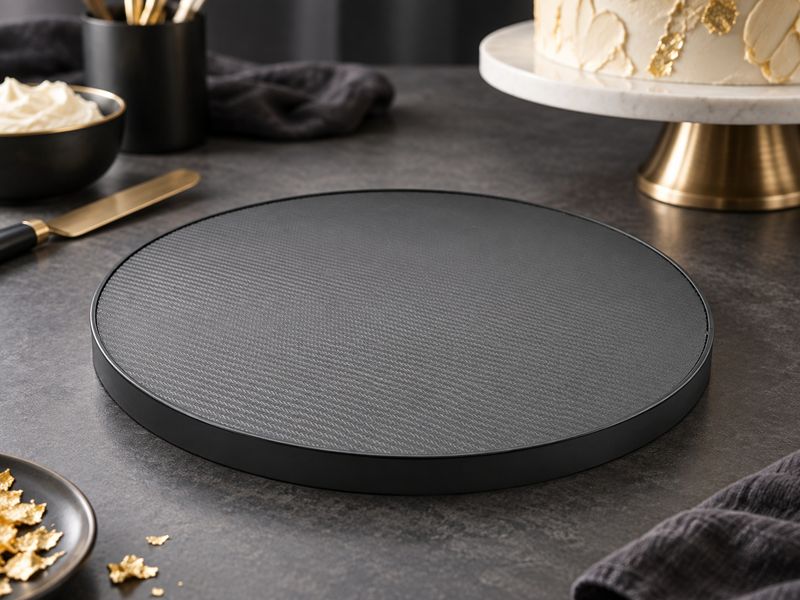 11" black bespoke vinyl cake board with matte finish and subtle textured pattern for secure cake placement.