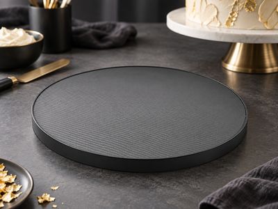 11" black bespoke vinyl cake board with matte finish and subtle textured pattern for secure cake placement.