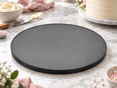 14" black bespoke vinyl cake board with matte finish and subtle textured pattern for secure cake placement.