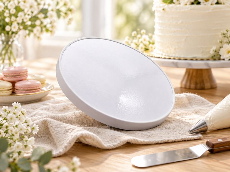 8" round white vinyl reusable cake board for stable cake display