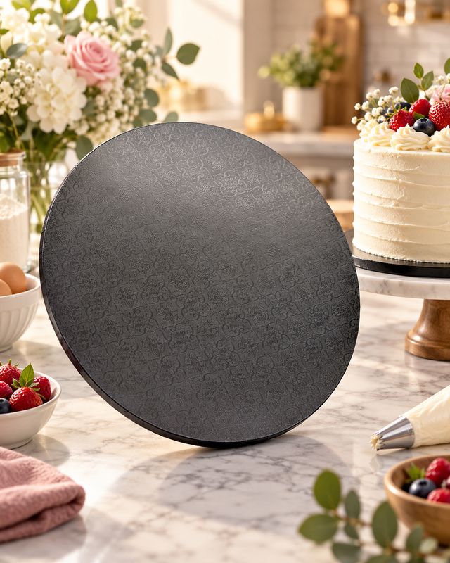 Cake Board Embossed Black Round 12" Thick (ea)