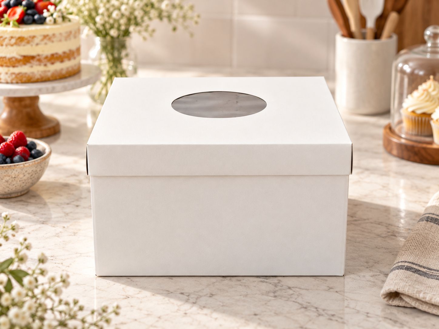 14 Inch White Cake Box with Lid – Corrugated Base – 25 cm High