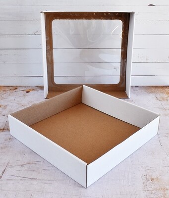 Corrugated Cake Box Window Lid &amp; Tray White Large 26x26x6cm (each)