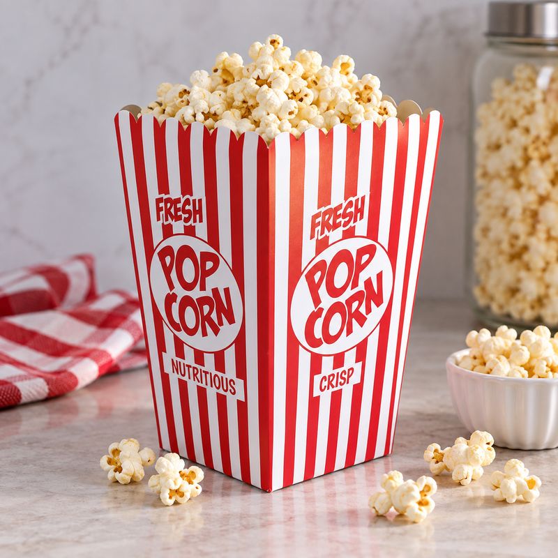Classic red and white striped popcorn box overflowing with fresh popcorn on a marble counter next to a glass jar.