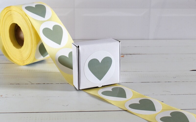 Stickers "Heart" 50mm Round - Sage on White (Qty 100)