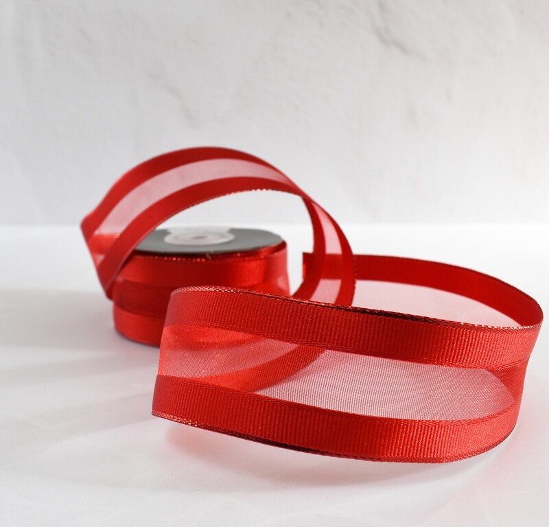 Organza Ribbon Wired G/Grain Edge Red &amp; Metallic Red 40 mm x 10 m