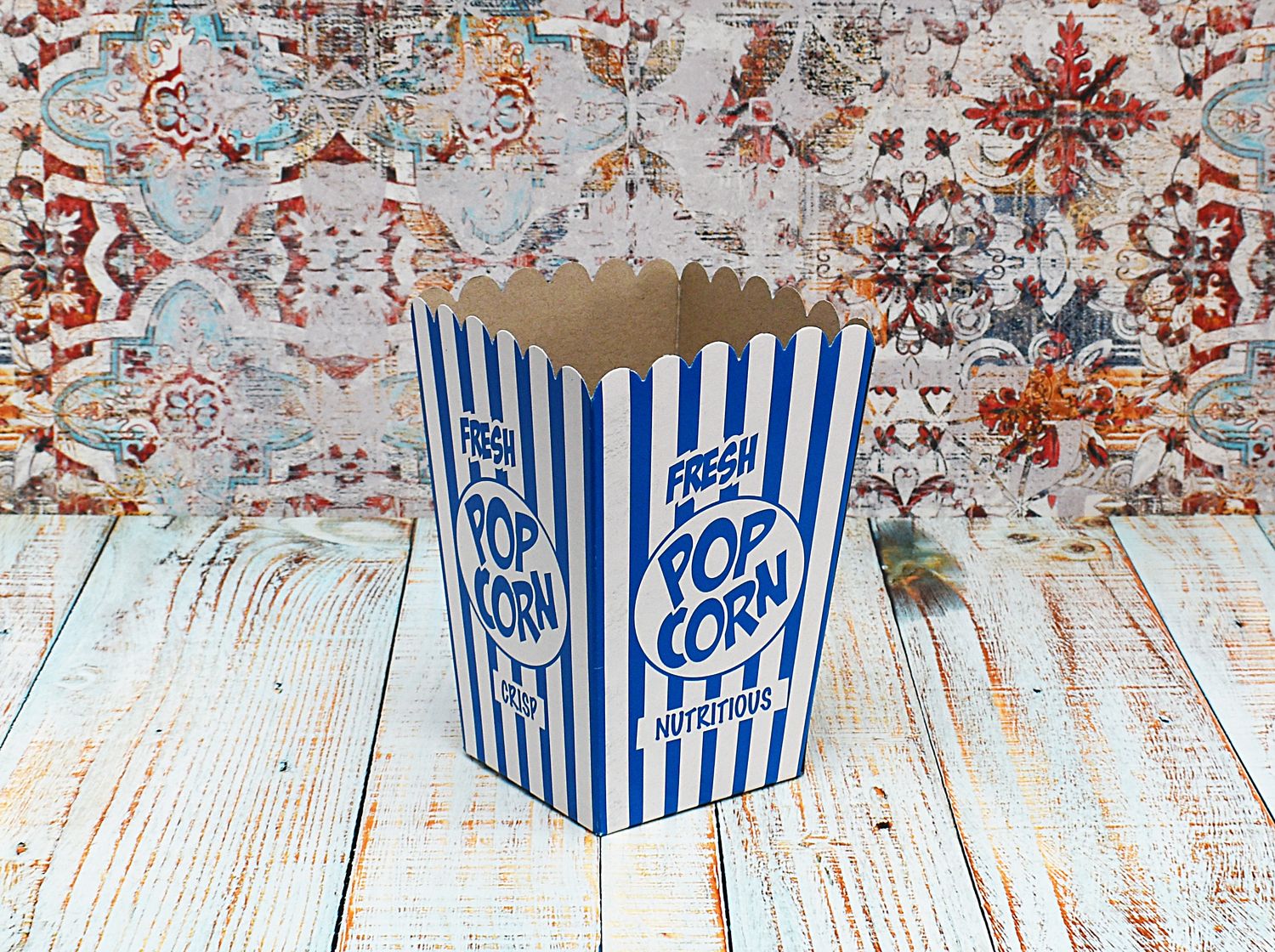 Box Popcorn Small WORDS Blue/White Stripe105x105x155mm