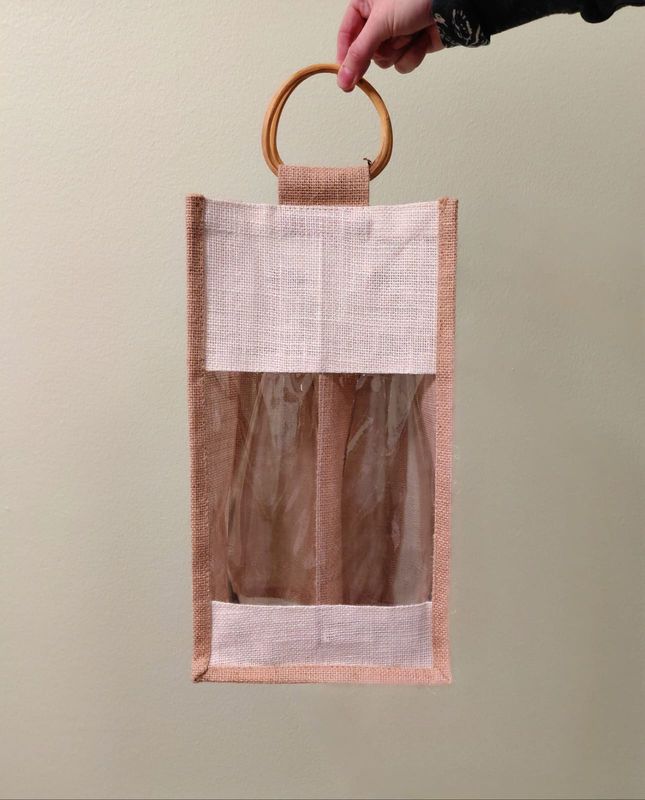 Hessian 2 Wine Bottle Bag Window 20 x 36 x 10cm WB306B