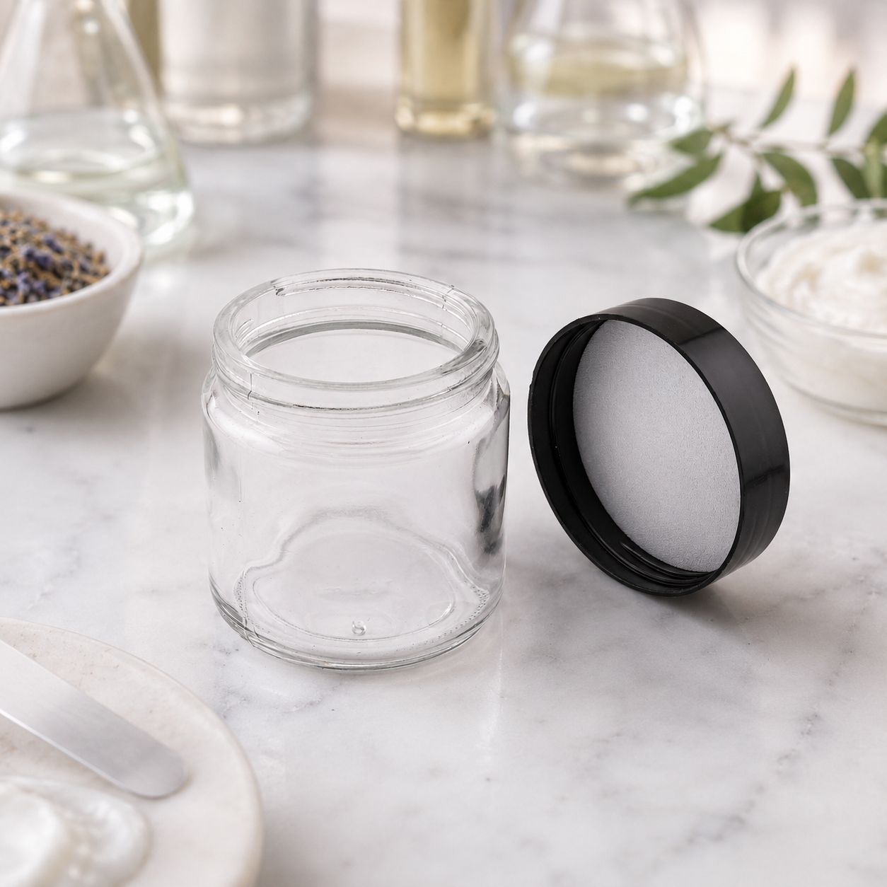 100ml Clear Ointment Glass Jar + Black Polyprop Lid (ea)