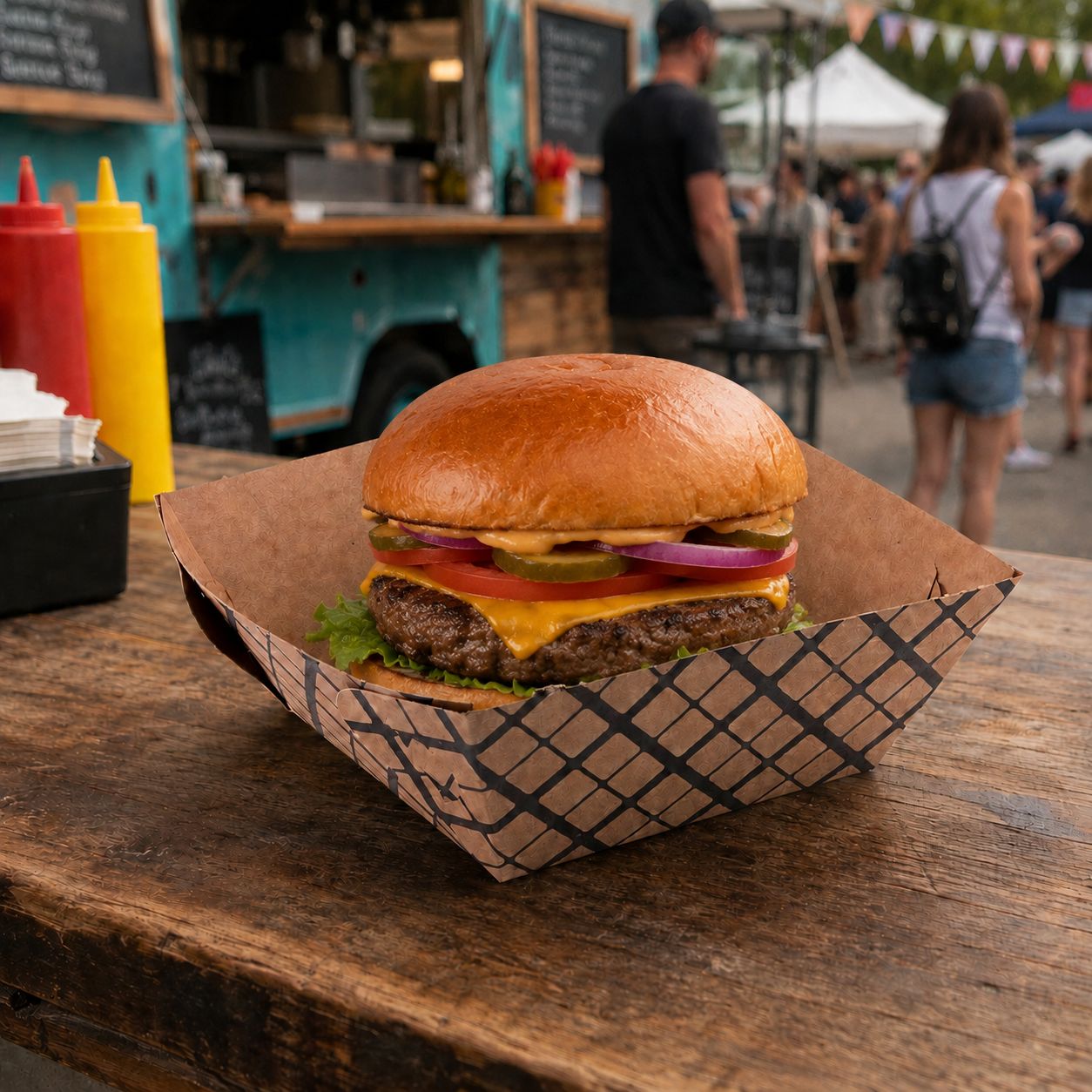 Burger Food Tray White Check (ea)