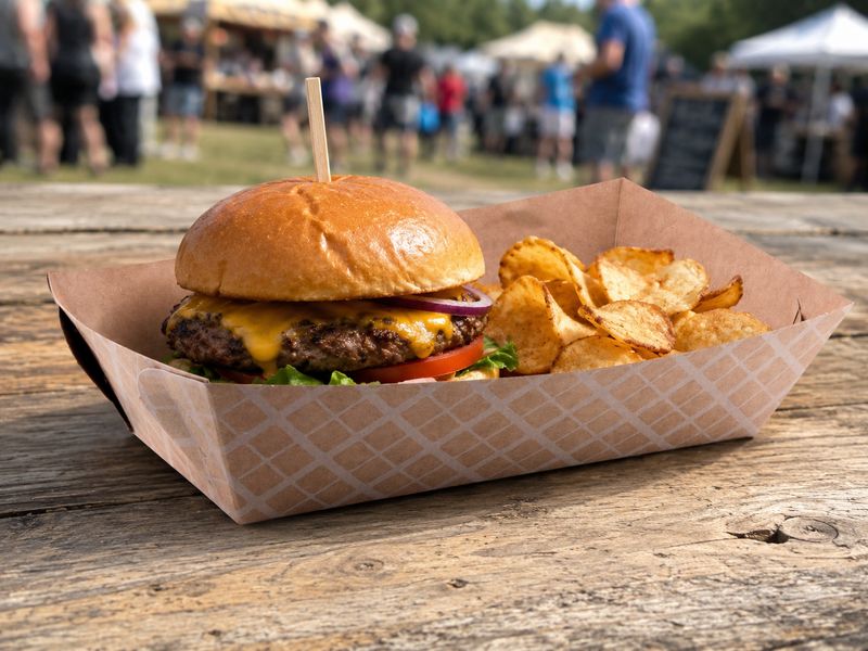 Box Food Tray Burger &amp; Chips Eco Kraft + White Check (ea)