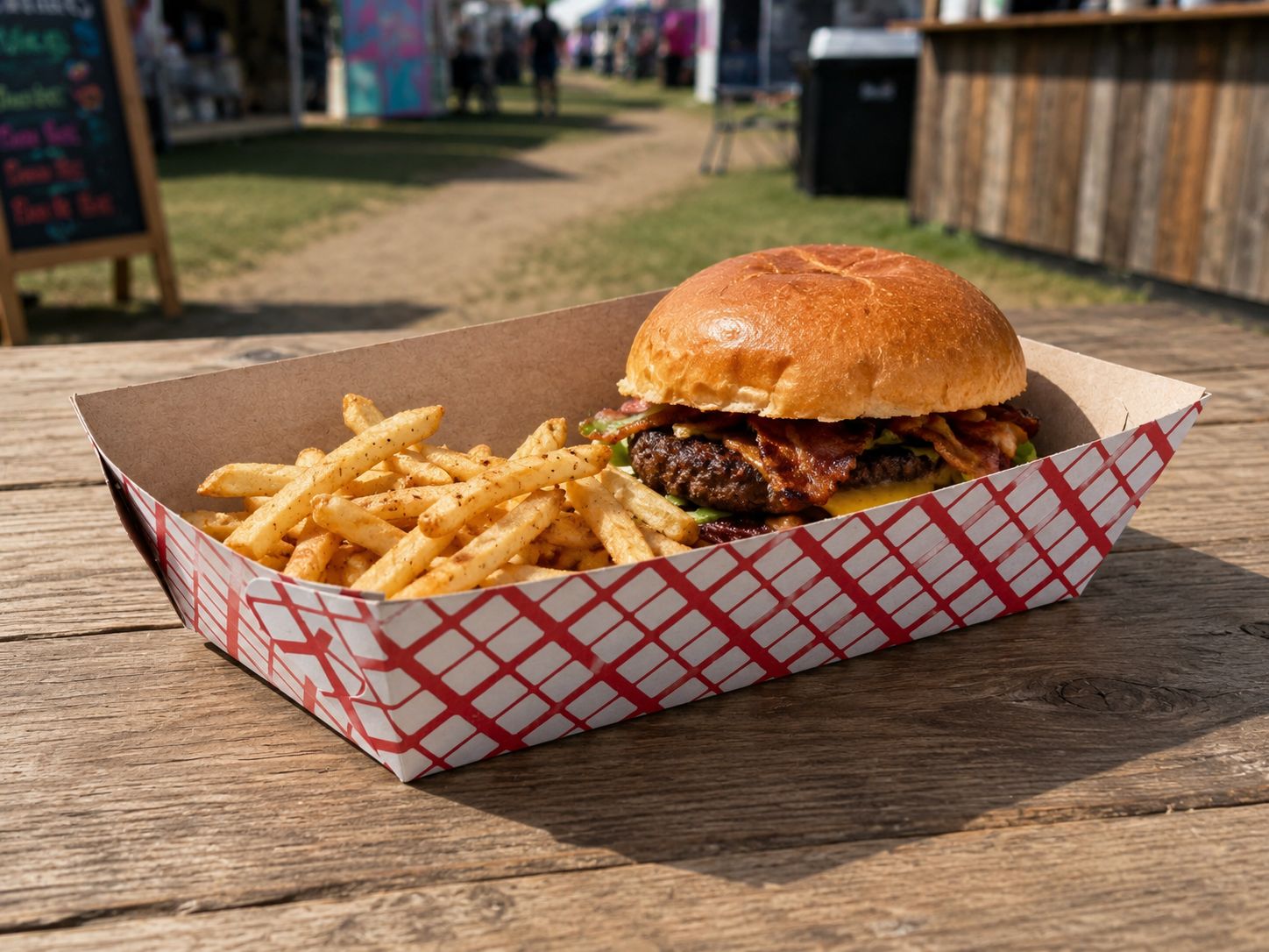 Box Food Tray Burger &amp; Chips Red Check (ea)