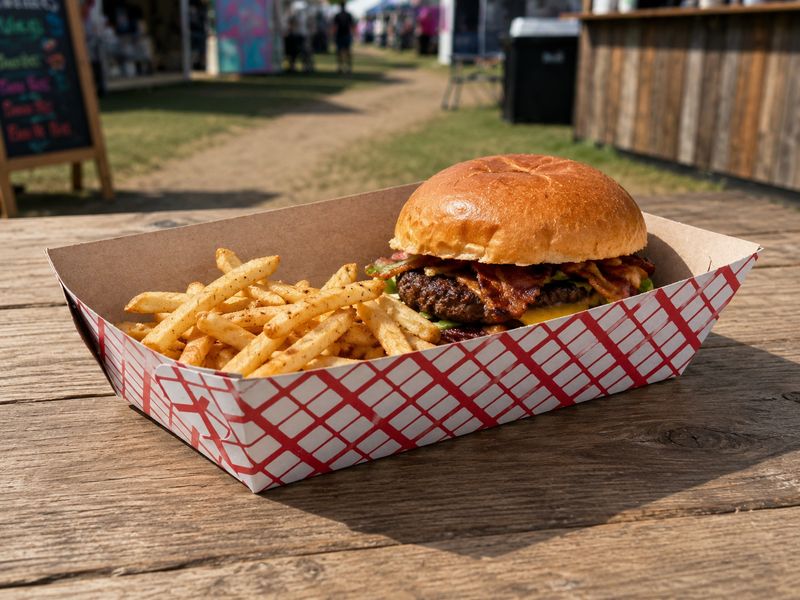 Box Food Tray Burger &amp; Chips Red Check (ea)