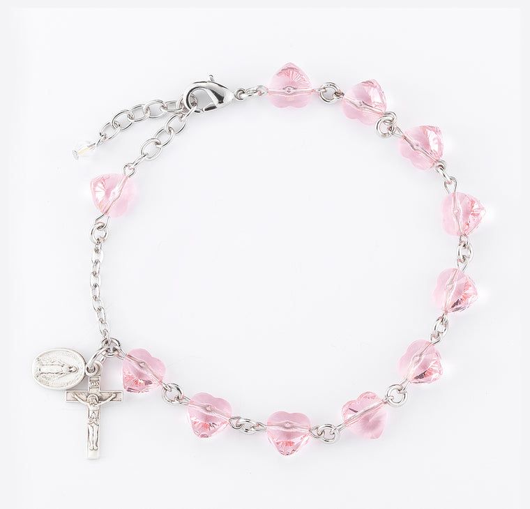 Rosary Bracelet Pk Heart Cryst