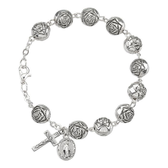 Silver Rosebud Rosary Bracelet